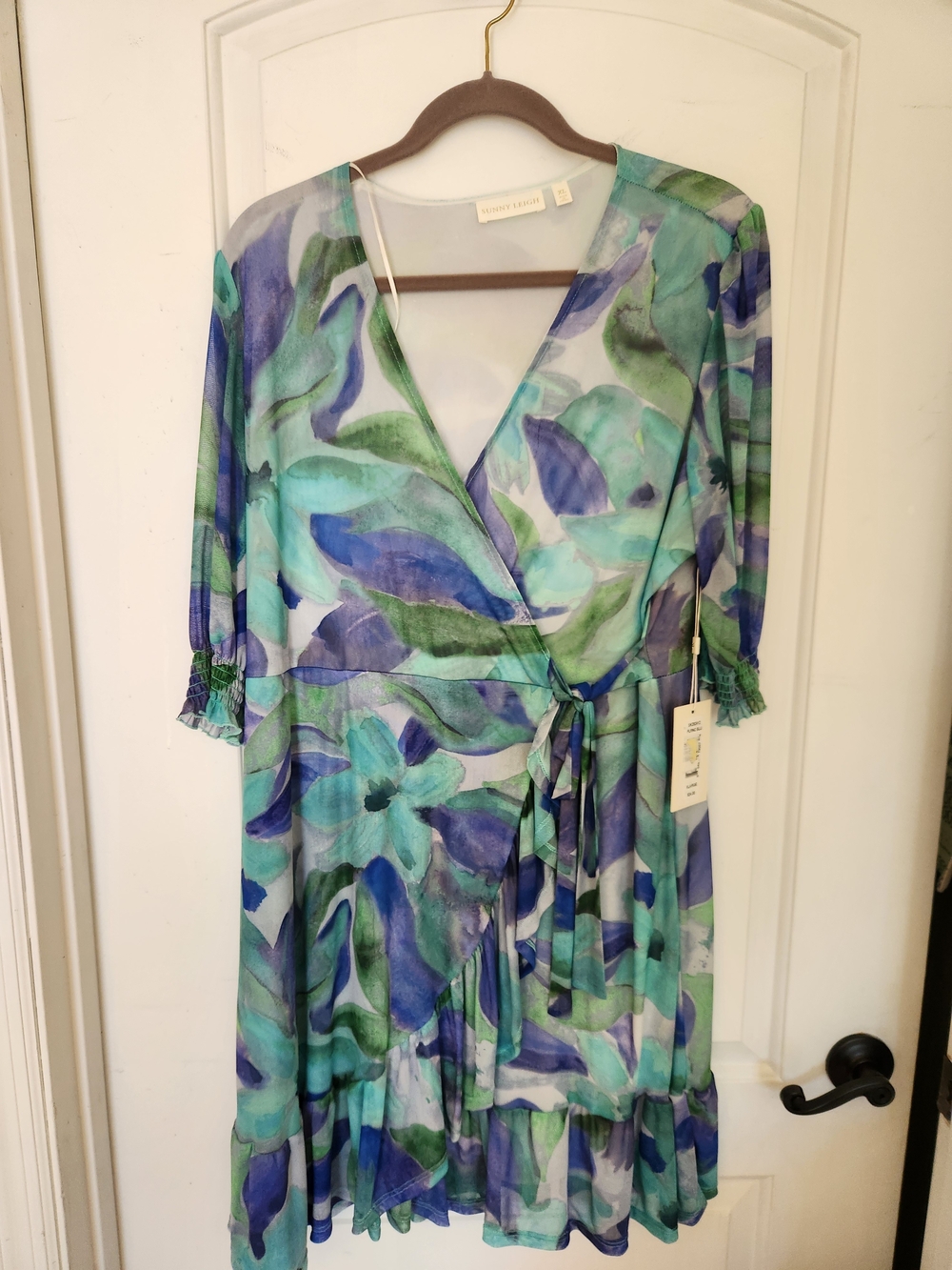 Sunny Leigh Watercolor Floral Wrap Dress in Teal & Blue